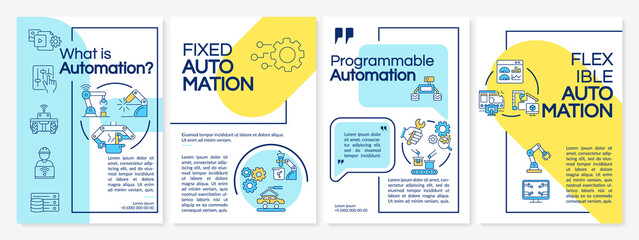 Automation types yellow, blue brochure template. Booklet print design with linear icons. Vector layouts for presentation, annual reports, ads. Arial Black, Myriad Pro Regular fonts used