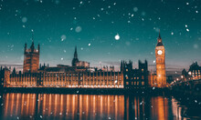 Famous Big Ben In The Evening Snow, London, England