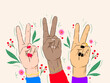 3 hands making peace sign