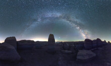 Panoramic View Of Megalithic Landmark Under Stars Sky, Milky Way Arch