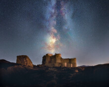 Antique Middle Age Castle With Galatic Center In Starry Night