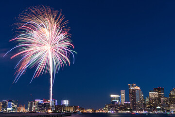 Wall Mural - Firework over the cityscape of Boston Harbor at night