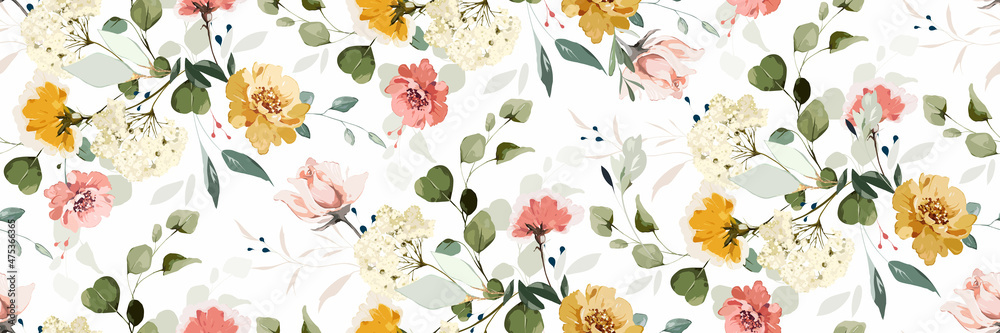 botanical floral seamless pattern with roses, herbs and leaves ...