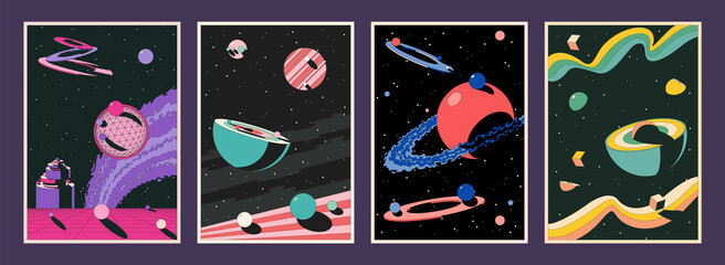 Wall Mural - Abstract Space Illustrations 1980s Colors Abstract Geometric Shapes and Surfaces, Planets and Stars
