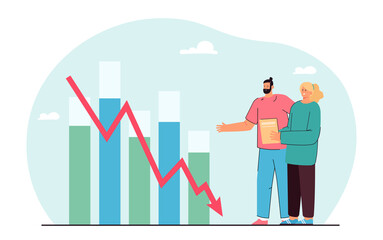 Fototapete - Sad business people looking at financial bar graph going down. Down arrow, profit loss flat vector illustration. Finances, economy, crisis concept for banner, website design or landing web page