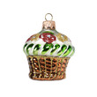 Vintage glass toy for decoration of Christmas tree. Wicker basket with gifts. Closeup, isolated on white background for your design.