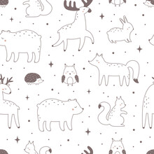 Seamless Pattern With Forest Animals. Outline Of A Fox, Owl, Moose, Bear, Hare, Squirrel, Deer. Vector Illustration For Printing On Fabric, Clothing, Wrapping Paper