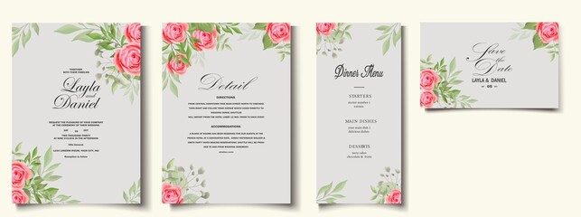 Wall Mural - Wedding invitation card template set with beautiful rose and leaves
