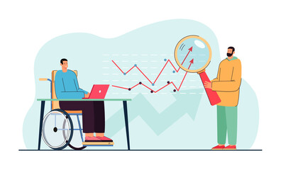 office worker in wheelchair and income chart going up. employee with magnifier analyzing statistics 