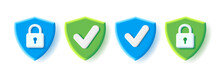 Set Of Security Icons With 3d Shield Shape With Tick Sign And Padlock On Green And Blue Backdrops