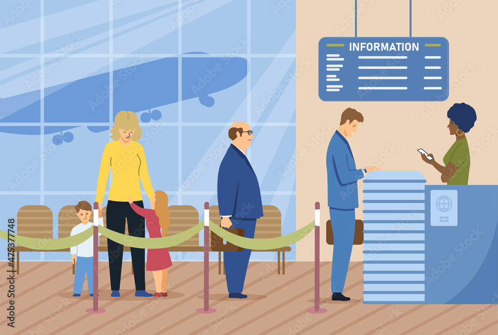 Check in airport. Tourists show their tickets at front desk. People ...