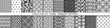 Geometric Floral Set Of Seamless Patterns. Black And White Vector Backgrounds. Simple Illustrations