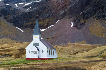 Sticker - Southern Ocean, South Georgia, King Edward Cove, Grytviken, Grytviken whaling station. Picture of the church that was built for the workers at the station.