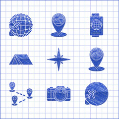 Poster - Set Wind rose, Photo camera, Globe with flying plane, Map pointer Egypt pyramids, Route location, Tourist tent, Passport ticket and icon. Vector