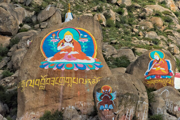 Sticker - Image of Buddha painted on rock, Drepung Monastery, one of the great three Gelug university monasteries of Tibet, Lhasa, Tibet, China