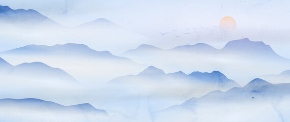 Wall Mural - Watercolor art background with mountains and hills in the fog in blue tones. Landscape banner in oriental style for interior design, wallpaper, print