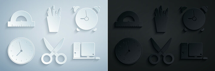 Poster - Set Scissors, Alarm clock, Clock, Computer monitor with keyboard and mouse, Pencil case stationery and Protractor grid for measuring degrees icon. Vector