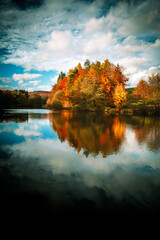 Canvas Print - Vertical shot of the lake reflecting the colorful autumn foliage. Beautiful autumn landscape.