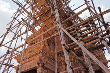 Sticker - Temple being rebuilt after the 2015 earthquake, Bhaktapur Durbar Square, UNESCO World Heritage site, Bhaktapur, Nepal