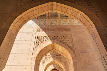 Sticker - Middle East, Arabian Peninsula, Oman, Muscat. Arches outside the Sultan Qaboos Grand Mosque in Muscat.