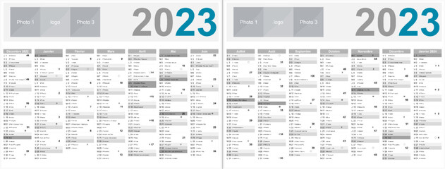 Wall Mural - Calendrier français 2023 14 mois au format 320 x 420 mm recto verso entièrement modifiable via calques