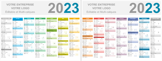 Wall Mural - Calendrier français 2023 14 mois au format 320 x 420 mm recto verso entièrement modifiable via calques