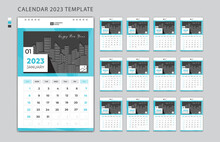 Calendar 2023 Design Template, Wall Calendar 2023 Year, Week Starts On Monday, Set Of 12 Months, Desk Calendar, Planner Simple, Poster, Printing, Advertisement, Vertical Page, Blue Background. Vector