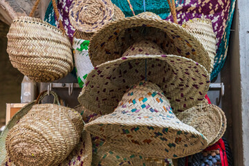 Poster - Middle East, Arabian Peninsula, Oman, Ad Dakhiliyah, Nizwa. Straw hats for sale in the souk in Nizwa, Oman.