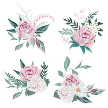 Lush Oil Painted Floral Bouquets, Hand Drawn Vector