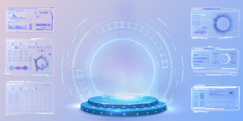 abstract blue light effect background. futuristic lab with 3d circle and hud elements interface. bla