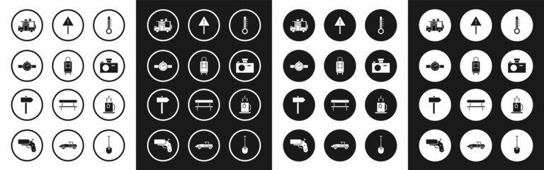 Poster - Set Meteorology thermometer, Suitcase, Wrist watch, Rv Camping trailer, Photo camera, Exclamation mark triangle, Cup of tea with tea bag and Road traffic signpost icon. Vector