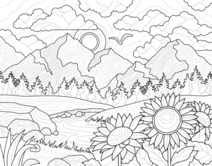 Chamomile and mountains landscape concept. Linear poster or coloring book for children and adults. Antistress effect. Design element for coloring. Cartoon flat vector illustration on white background