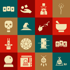 Poster - Set Witch cauldron and magic stone, Three tarot cards, Magic mortar pestle, Magician, hat, Skull, Playing and Spell icon. Vector