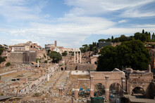 Panoramic View Of Of The Ancient Roman Forum From The Capitoline Hill, Italy. View Of Ancient Rome For Publication, Poster, Screensaver, Wallpaper, Postcard, Banner, Cover, Post. High Quality Photo