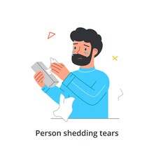 Sad Crying Man Concept. Young Bearded Man Sheds Tears And Wipes Them With Napkin. Male Character In Depression Does Not Cope With Grief And Life Difficulties. Cartoon Flat Vector Illustration