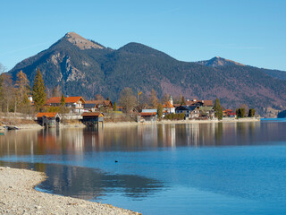 Sticker - Village Walchensee at lake Walchensee in the Bavarian Alps, Germany, Bavaria