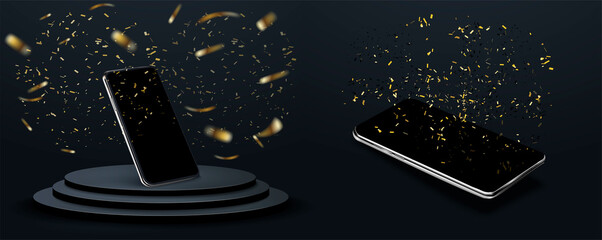 Poster - Stage empty for decor product, advertising, show, contest, award. Winner concept. Modern mockup. Mobile phone mockup with blank screen in different isometric perspective. Vector illustration