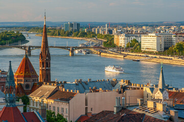 Sticker - View from Castle Hill of the Margaret Bridge crossing the Danube River, Buda side, Central Budapest, Capital of Hungary, Europe