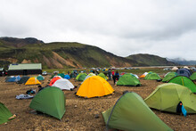 Colorful Tents In The Camping Ground, Landmannalaugar, Iceland