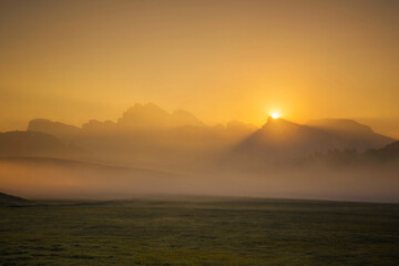 Poster - Europe, Italy, South Tirol. Sunrise on the Sasso Lungo and Sasso Piatto Mountains.