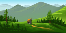 Natural Landscape With Blue Sky, Mountains, Green Hills,  And Trees. Vector Illustration