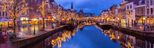 Panorama Of The City Embankment In Leiden At Sunrise.