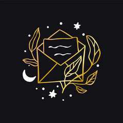 Wall Mural - vector boho letter, mail celestial icon - star and moon gold logo