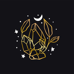 Wall Mural - vector boho celestial crystal stone icon - star and moon gold logo