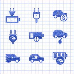 Set Low battery, Electric car, Eco nature leaf, saving plug in, price and Battery charge icon. Vector