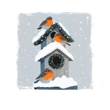 Cozy Winter Illustration Of A Birdhouse And Robin Birds.  For The Design Of Postcards, Tags, Greeting Posters And Winter Decorations