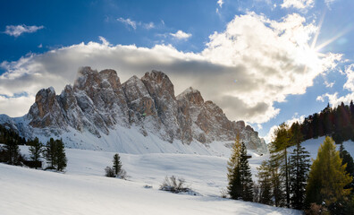 Sticker - Geisler mountain range in the dolomites of the Villnoss Valley in South Tyrol, Alto Adige after an autumnal snowstorm. The dolomites are listed as UNESCO World Heritage Site. Central Europe, Italy.