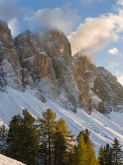 Poster - Geisler mountain range in the dolomites of the Villnoss Valley in South Tyrol, Alto Adige after an autumnal snowstorm. The dolomites are listed as UNESCO World Heritage Site. Central Europe, Italy.