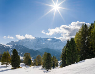 Wall Mural - Sella mountain range in the dolomites of South Tyrol, Alto Adige seen from Groden Valley, Val Gardena. The dolomites are listed as UNESCO World Heritage Site. Central Europe, Italy.