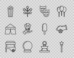 Wall Mural - Set line Fast street food cart with awning, Magic wand, Comedy theatrical masks, ball, Popcorn cardboard box, Hand holding playing cards, Attraction carousel and Cannon icon. Vector